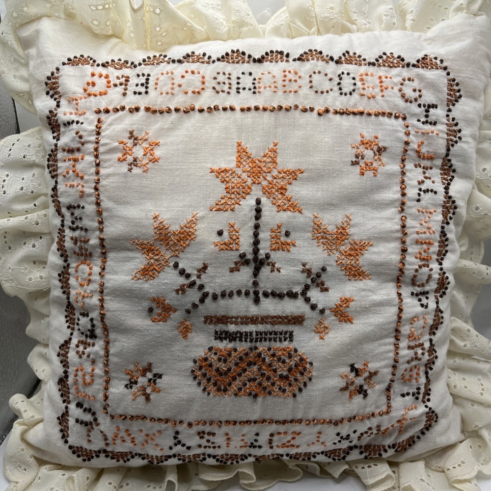 Vintage Throw Pillow Embroidered Ivory Floral Orange Brown Eyelet Trim 14" Squar